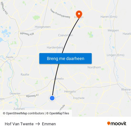 Hof Van Twente to Emmen map