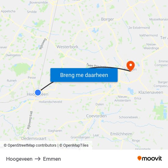 Hoogeveen to Emmen map