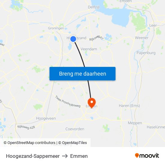 Hoogezand-Sappemeer to Emmen map