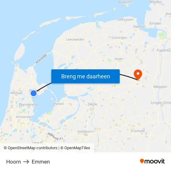 Hoorn to Emmen map