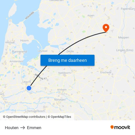 Houten to Emmen map