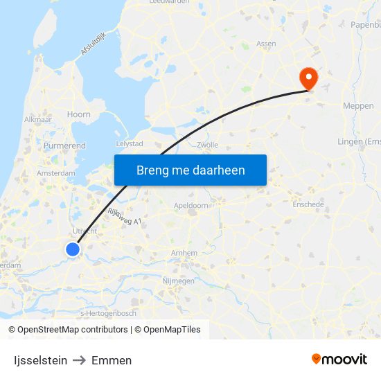 Ijsselstein to Emmen map