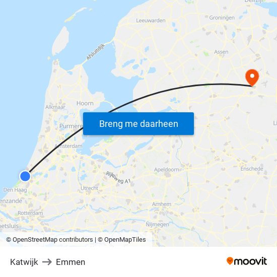 Katwijk to Emmen map