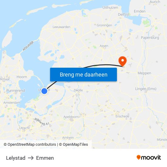 Lelystad to Emmen map