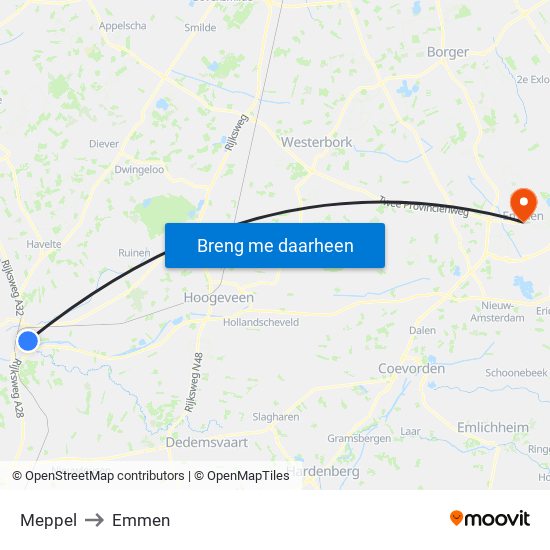 Meppel to Emmen map