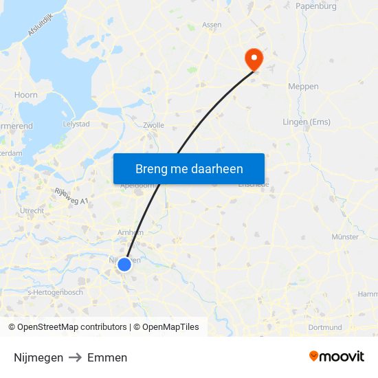 Nijmegen to Emmen map