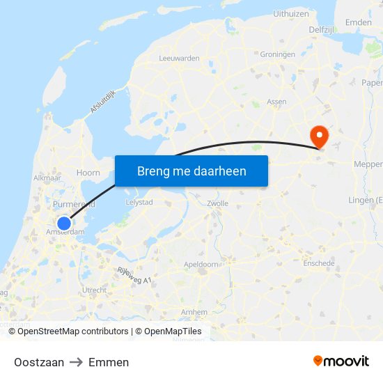 Oostzaan to Emmen map