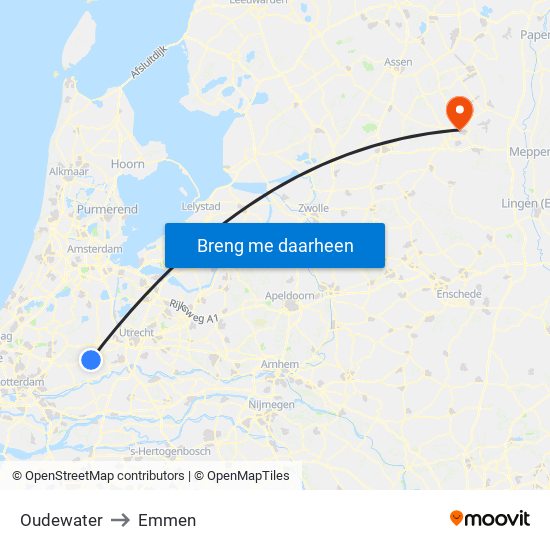 Oudewater to Emmen map
