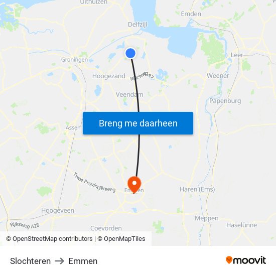 Slochteren to Emmen map