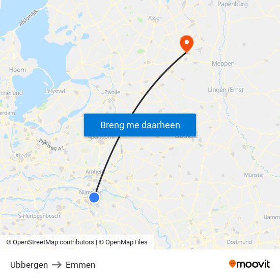 Ubbergen to Emmen map