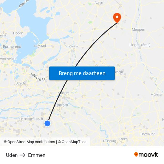 Uden to Emmen map