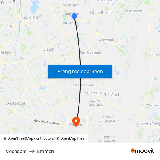 Veendam to Emmen map