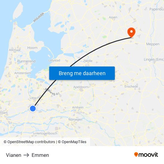 Vianen to Emmen map