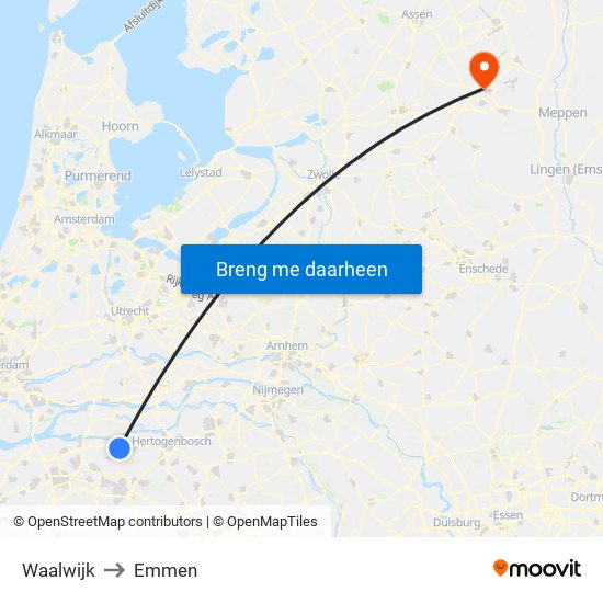 Waalwijk to Emmen map