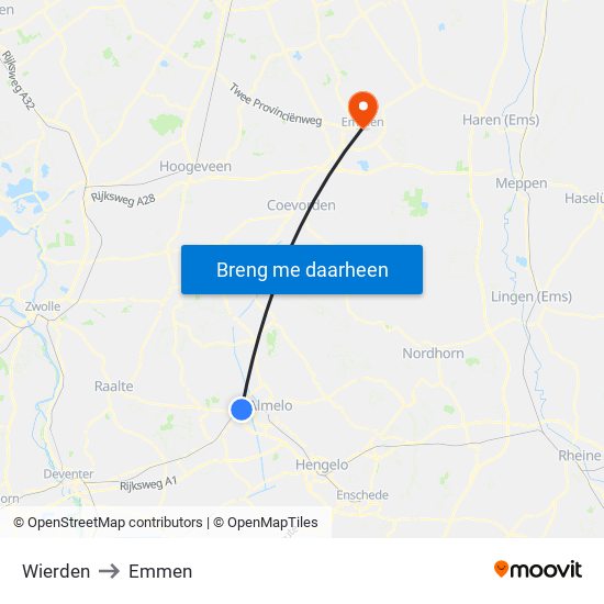 Wierden to Emmen map