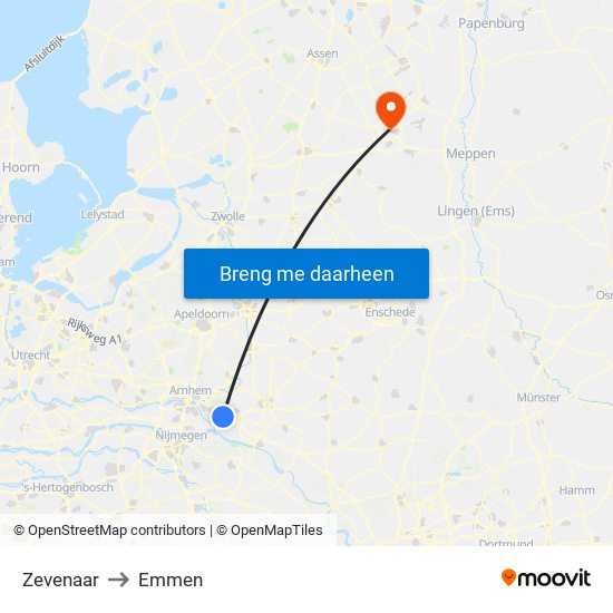 Zevenaar to Emmen map