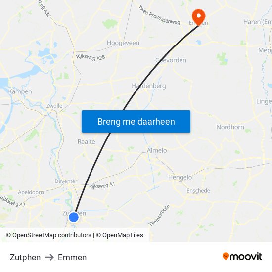 Zutphen to Emmen map