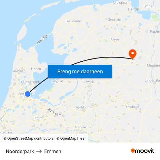 Noorderpark to Emmen map