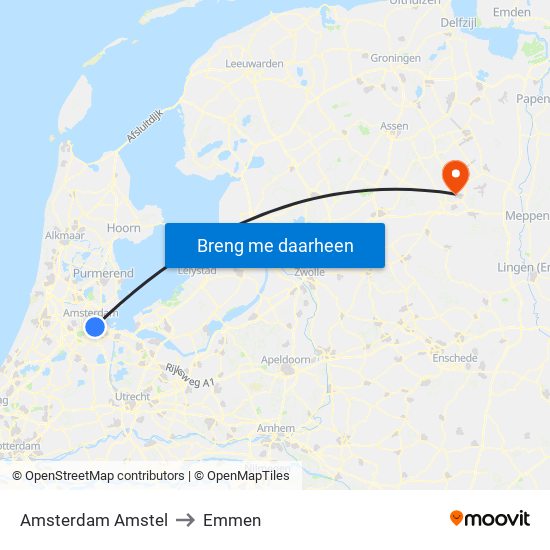 Amsterdam Amstel to Emmen map
