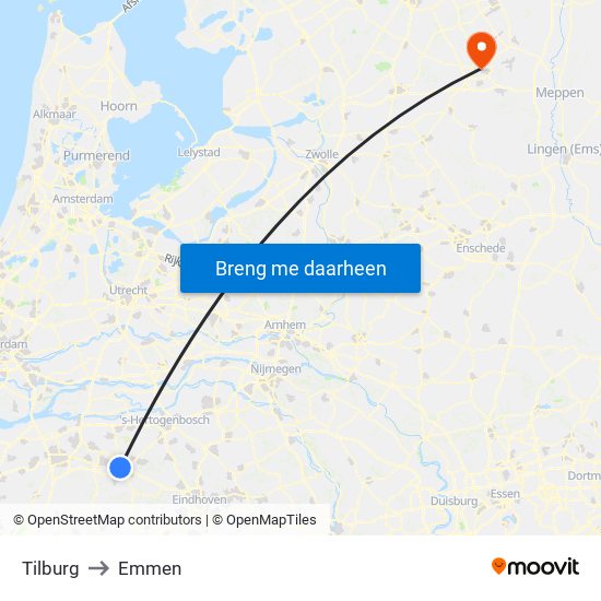 Tilburg to Emmen map