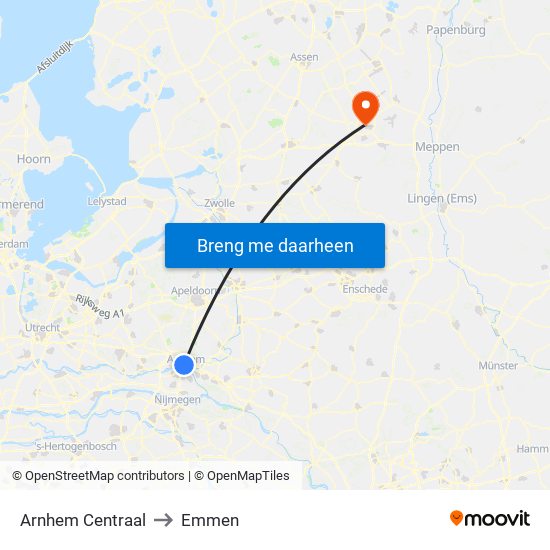 Arnhem Centraal to Emmen map