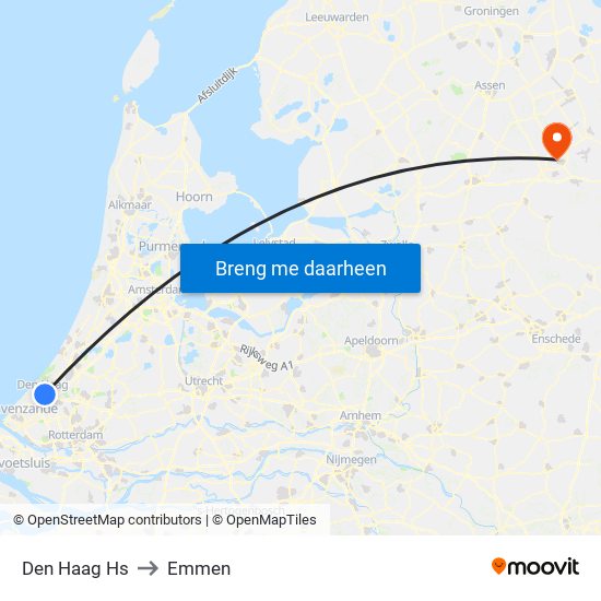 Den Haag Hs to Emmen map