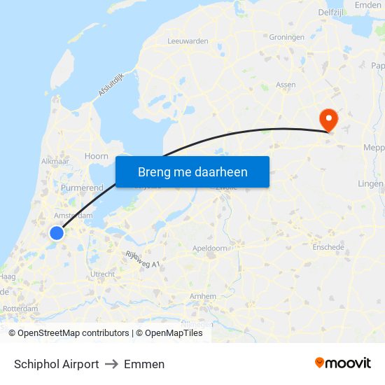 Schiphol Airport to Emmen map