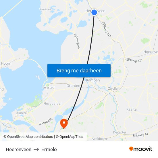 Heerenveen to Ermelo map