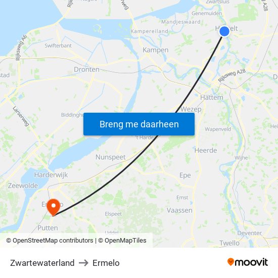 Zwartewaterland to Ermelo map