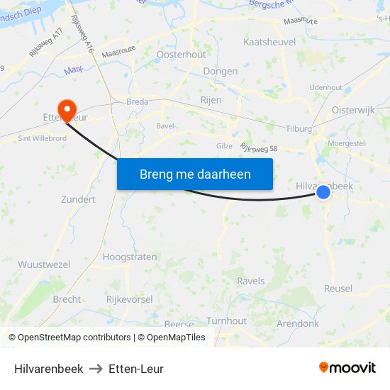Hilvarenbeek to Etten-Leur map