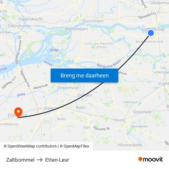 Zaltbommel to Etten-Leur map