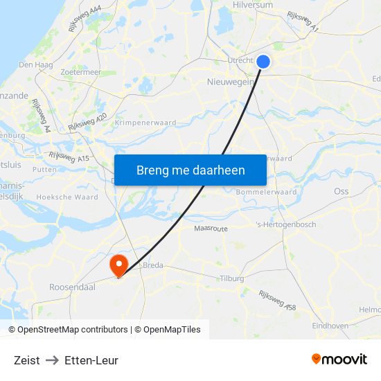 Zeist to Etten-Leur map