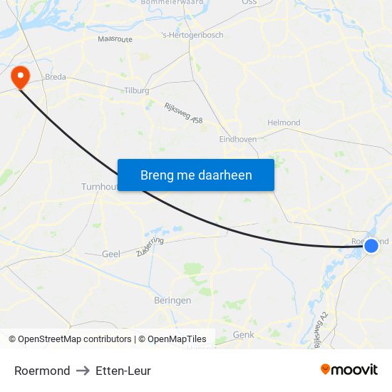 Roermond to Etten-Leur map