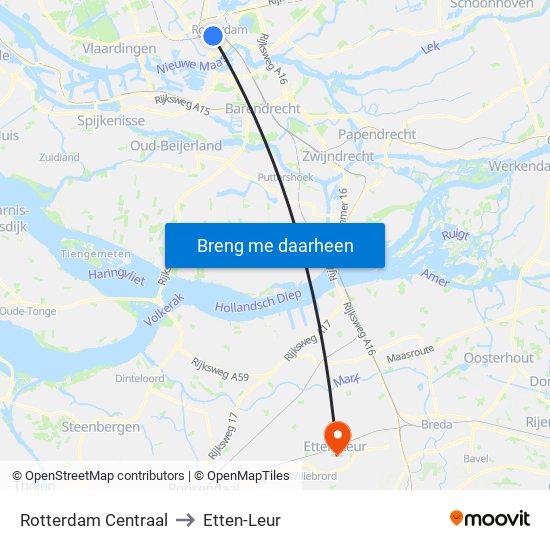 Rotterdam Centraal to Etten-Leur map