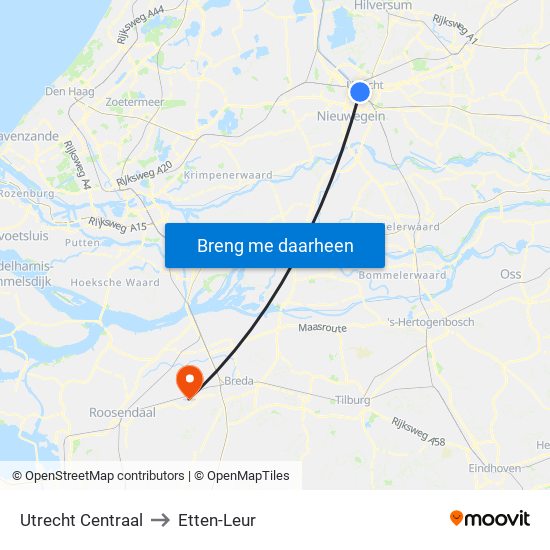 Utrecht Centraal to Etten-Leur map