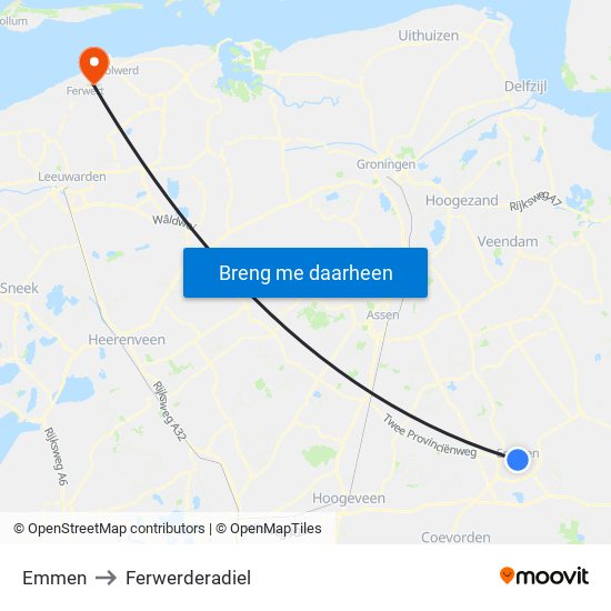 Emmen to Ferwerderadiel map
