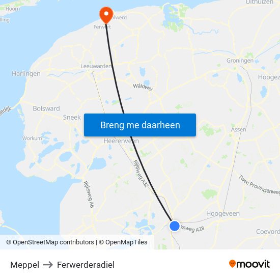 Meppel to Ferwerderadiel map