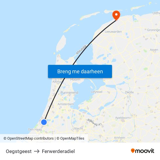 Oegstgeest to Ferwerderadiel map