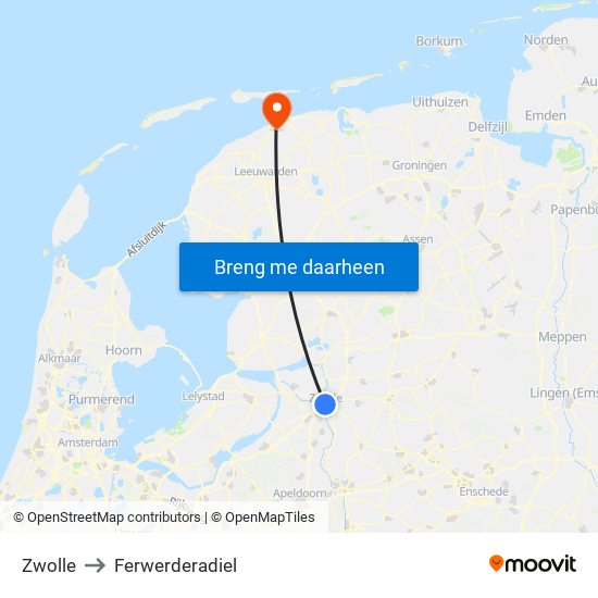 Zwolle to Ferwerderadiel map