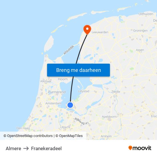 Almere to Franekeradeel map