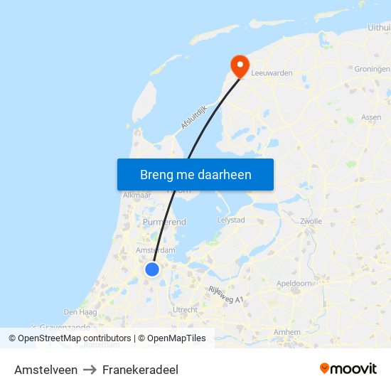 Amstelveen to Franekeradeel map
