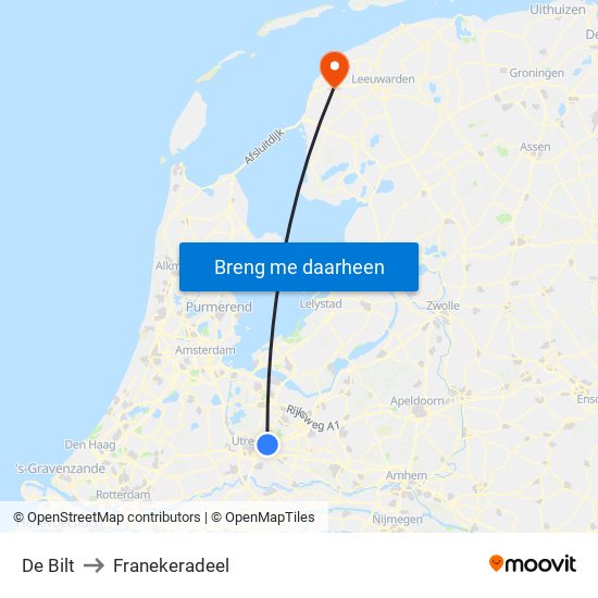 De Bilt to Franekeradeel map