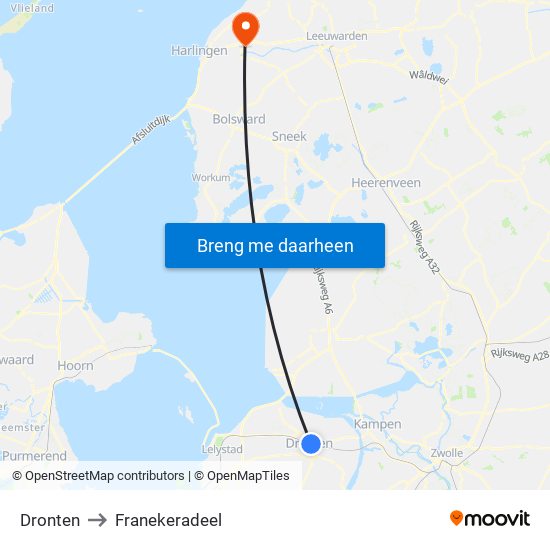 Dronten to Franekeradeel map