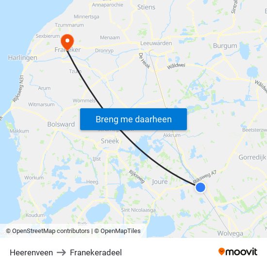 Heerenveen to Franekeradeel map