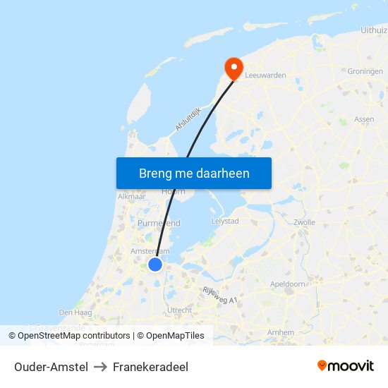 Ouder-Amstel to Franekeradeel map