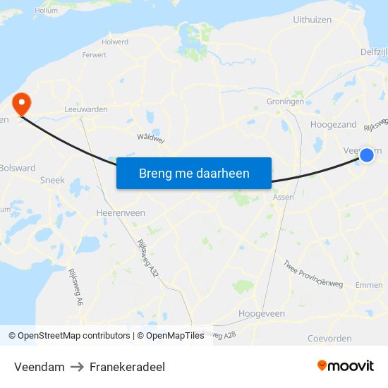 Veendam to Franekeradeel map