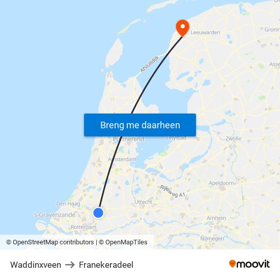 Waddinxveen to Franekeradeel map