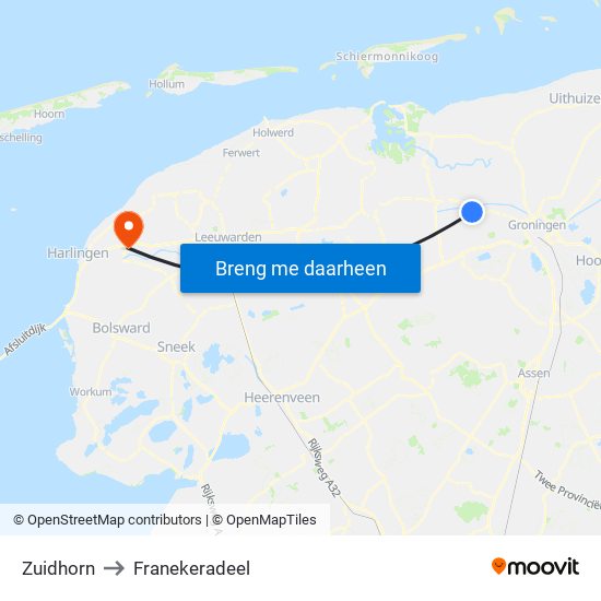Zuidhorn to Franekeradeel map