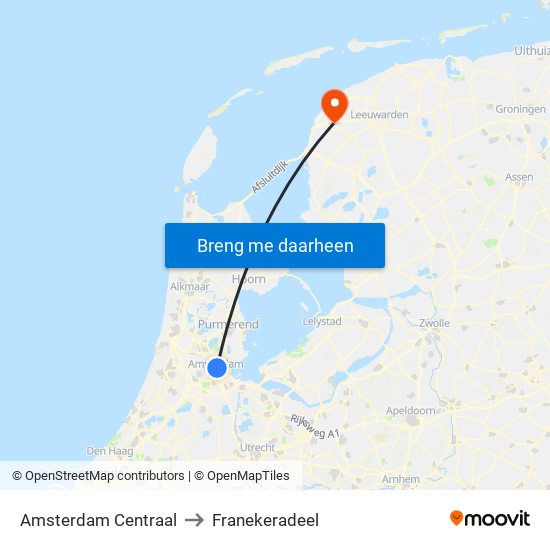 Amsterdam Centraal to Franekeradeel map