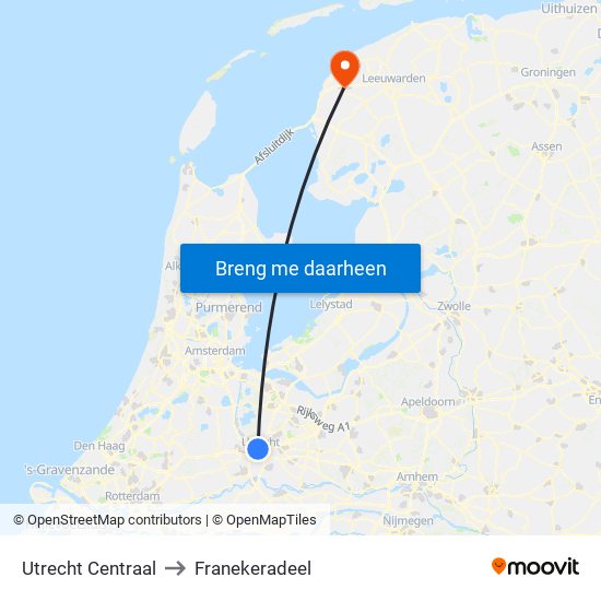 Utrecht Centraal to Franekeradeel map
